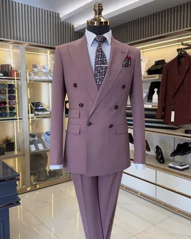 Розово оборудвана Мъжки бизнес костюм на Младоженеца, абитуриентски бал, сватба парти, смокинги за официални събития, комплект от 2 теми, яке и панталони