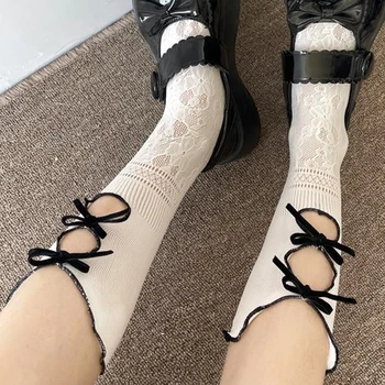 Сладки, сладки и готини дамски чорапи, Двуслойни кухи тънки мрежести чорапи с бантиком, нежни френски ретро Реколта чорапи