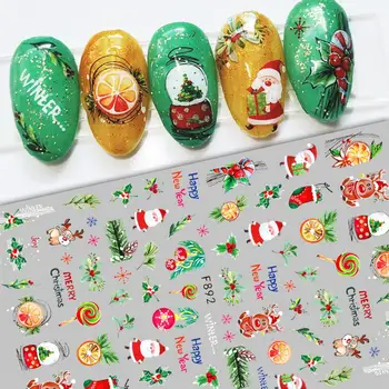 Стикери за нокти под формата на елхи, празнични стикери за нокти под формата на Дядо Коледа, снежинки, Проекти за красиви коледни нокти за Коледа
