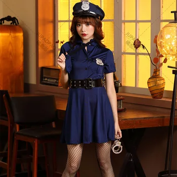 Танцово рокля за изява в нощния клуб на Хелоуин, синя еластична тъкан, дамски дрехи, за ролеви игри в полицията, дрехи от професионален инструктор