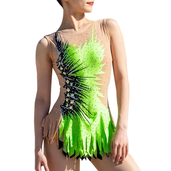 Трика за гимнастика, дрехи за участия на състезания по културизъм, дрехи за състезания без ръкави, със зелен принтом