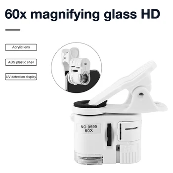 Универсален Битумен Микроскоп 60X LED Бижутерия Лупа С Регулируема Фокусиране Джобен Микроскоп със Скоба За Мобилен Телефон UV-Радиация