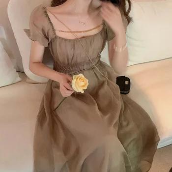 Френското винтажное рокля Midi, женски ежедневна елегантна рокля с квадратна яка и къс ръкав, Femae 2021, лятно вечер пълномаслено рокля в Корейски стил