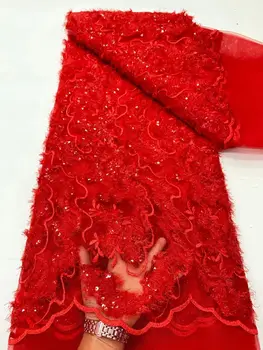 Червени пайети, цветя, Африкански тюл, дантела, Бродирана Френска окото, дизайн, завързана на платове за вечерна рокля