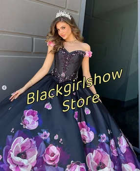 Черни буйни рокли, корсет с цветна бродерия, Апликация от кристали, Въздушни вечерни рокли на цветчета